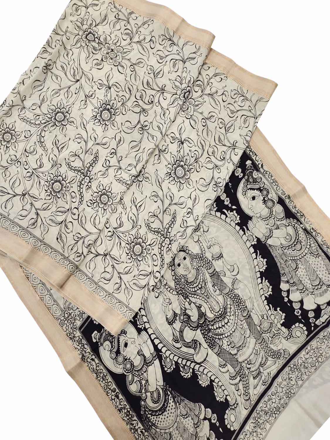 Stunning Black & White Kalamkari Hand Painted Bangalore Silk Saree - Luxurion World