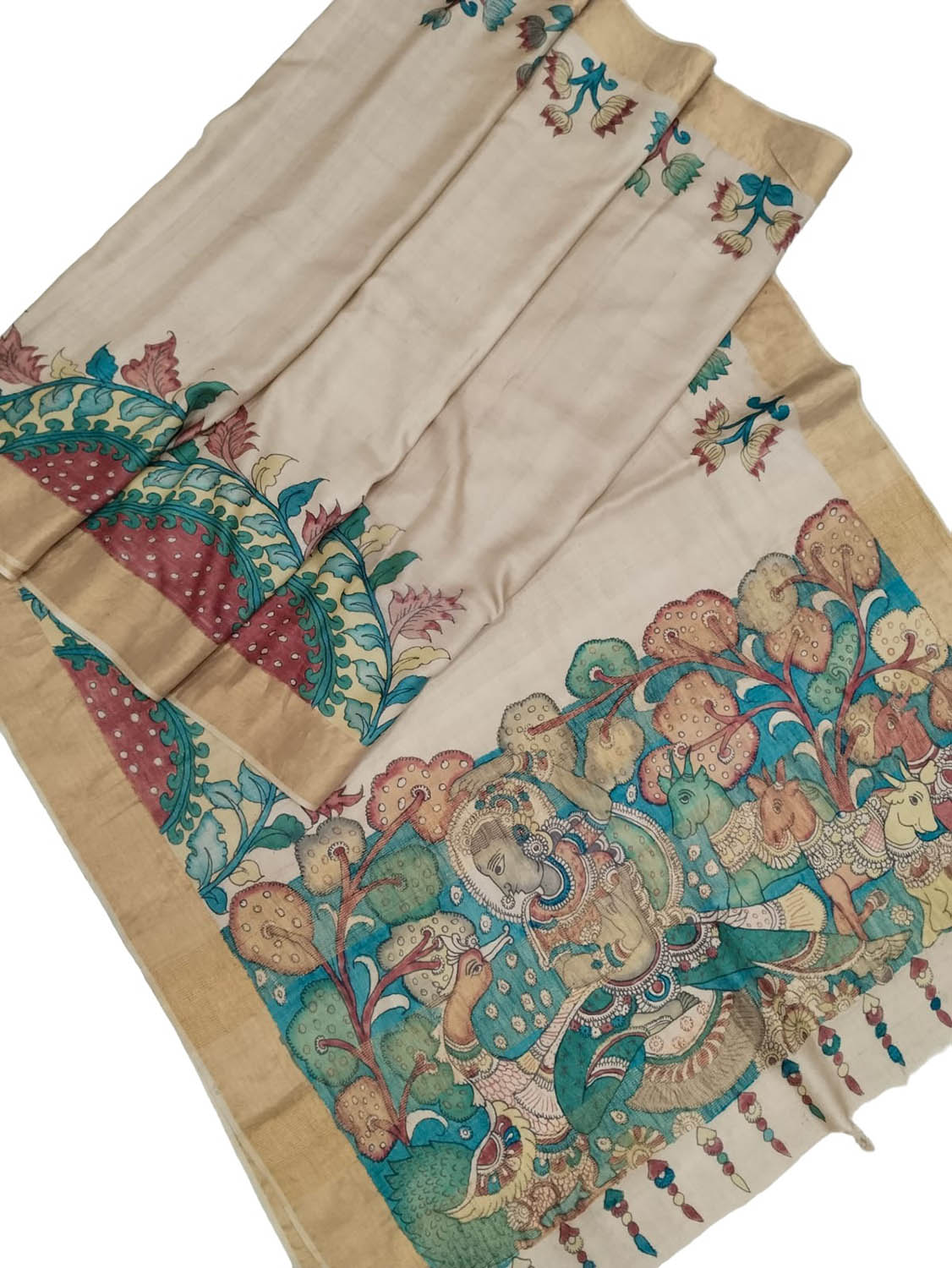 Hand-Painted Exquisite Pastel Kalamkari Tussar Silk Saree: A True Beauty - Luxurion World
