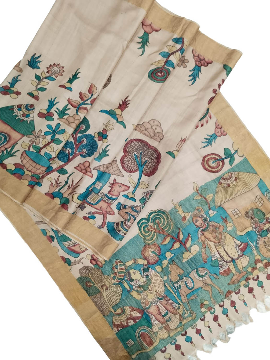 Hand-Painted Pastel Kalamkari Tussar Silk Saree: Exquisite Beauty - Luxurion World