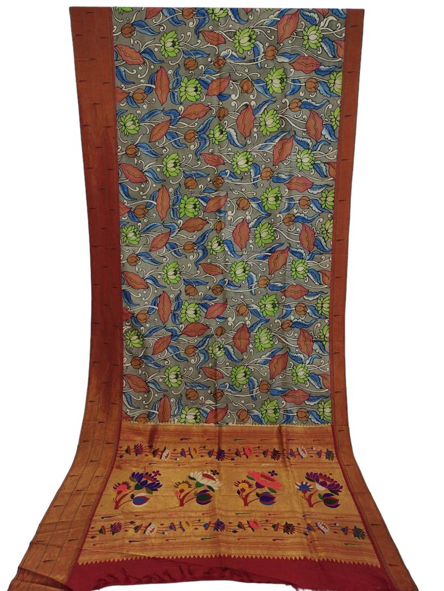 Multicolor Pen Kalamkari Paithani Pure Silk Muniya Border Saree - Luxurion World