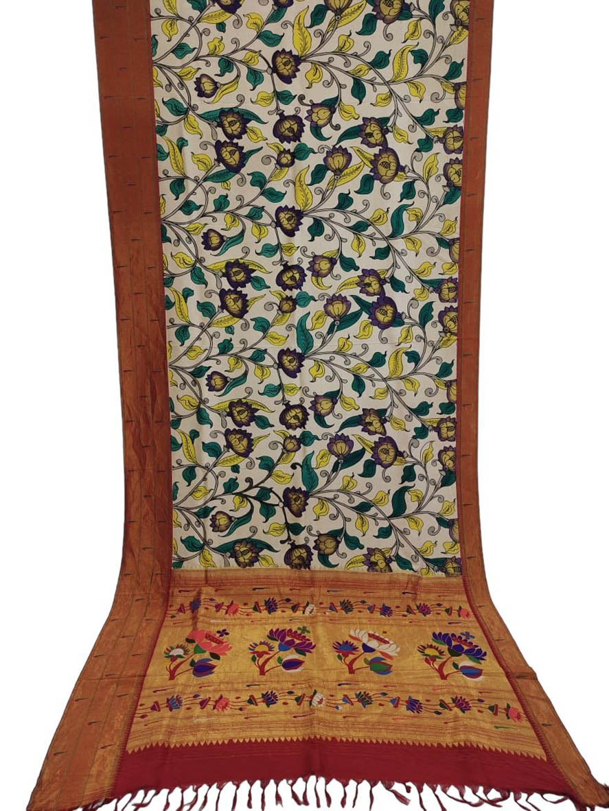 Multicolor Pen Kalamkari Paithani Pure Silk Muniya Border Saree - Luxurion World