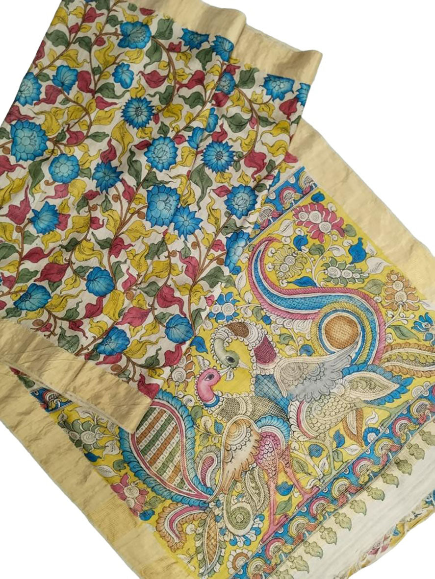 Multicolor Pen Kalamkari Pure Tussar Silk Saree - Luxurion World