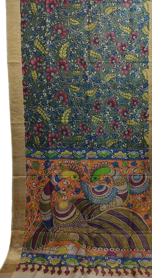 Multicolor Pen Kalamkari Pure Tussar Silk Saree - Luxurion World