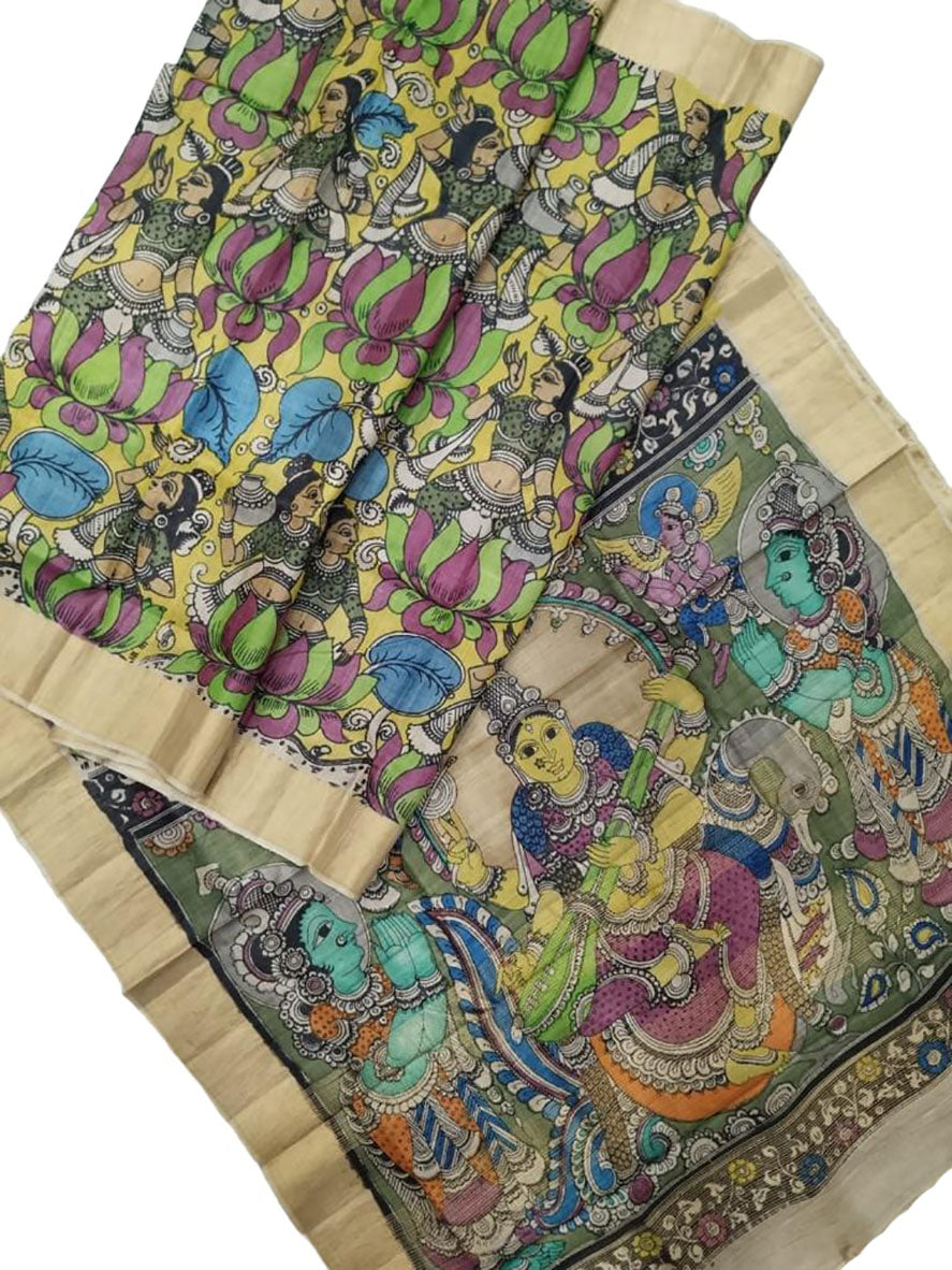 Multicolor Pen Kalamkari Pure Tussar Silk Saree - Luxurion World