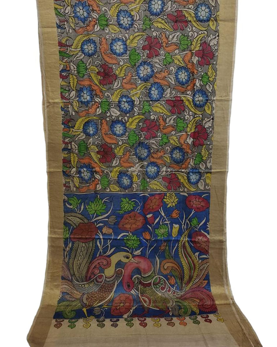 Multicolor Pen Kalamkari Pure Tussar Silk Saree - Luxurion World