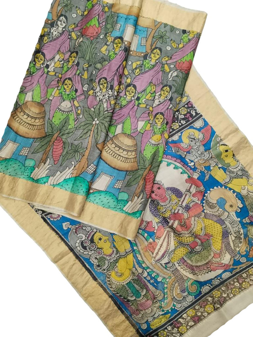 Multicolor Pen Kalamkari Pure Tussar Silk Saree - Luxurion World