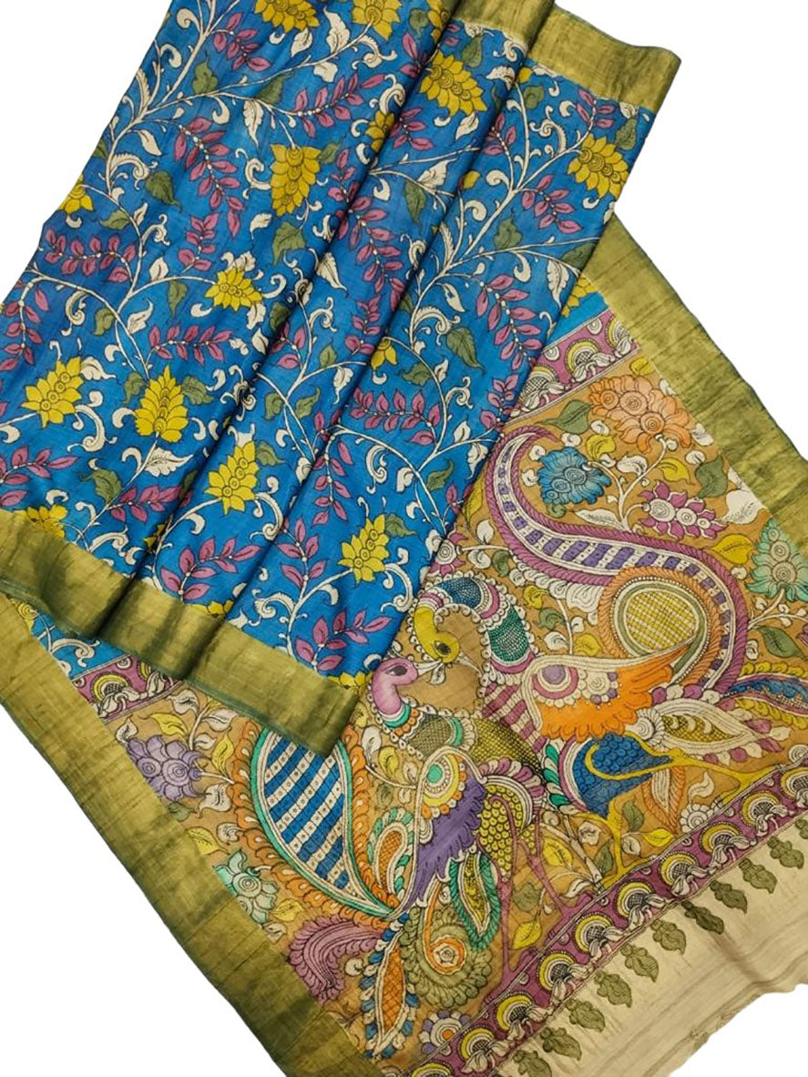 Multicolor Pen Kalamkari Pure Tussar Silk Saree - Luxurion World