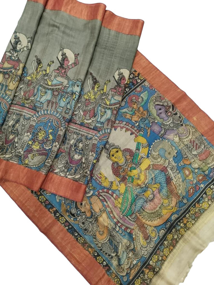 Multicolor Pen Kalamkari Pure Tussar Silk Saree - Luxurion World