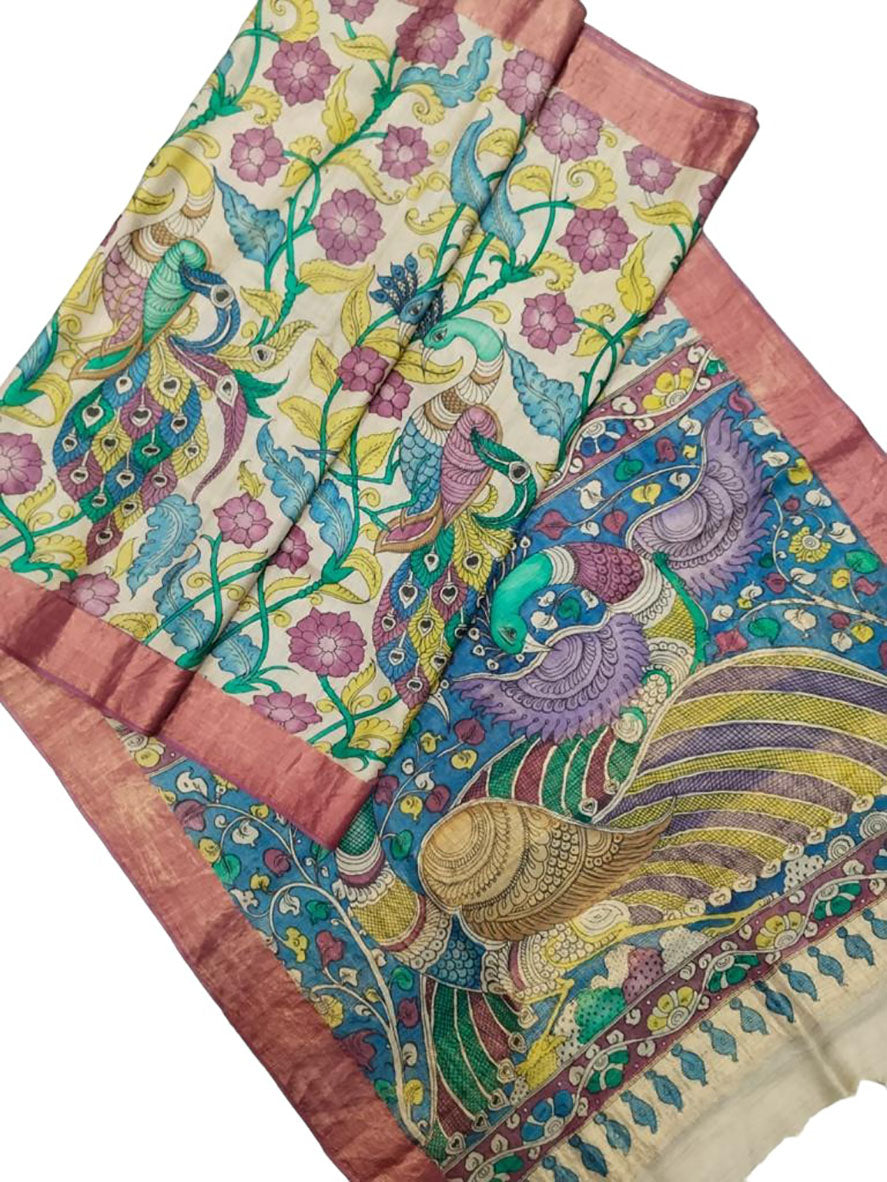 Multicolor Pen Kalamkari Pure Tussar Silk Saree - Luxurion World