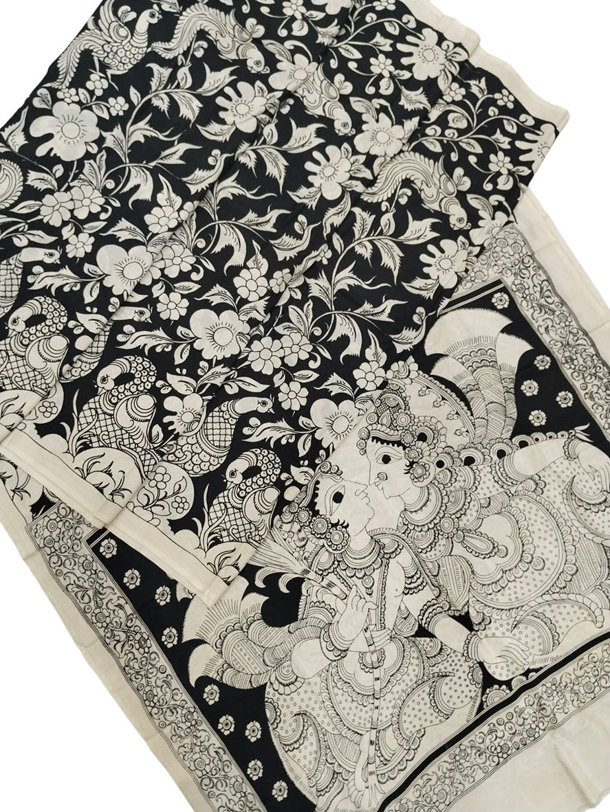Black And White Hand Painted Kalamkari Chennur Silk Saree - Luxurion World