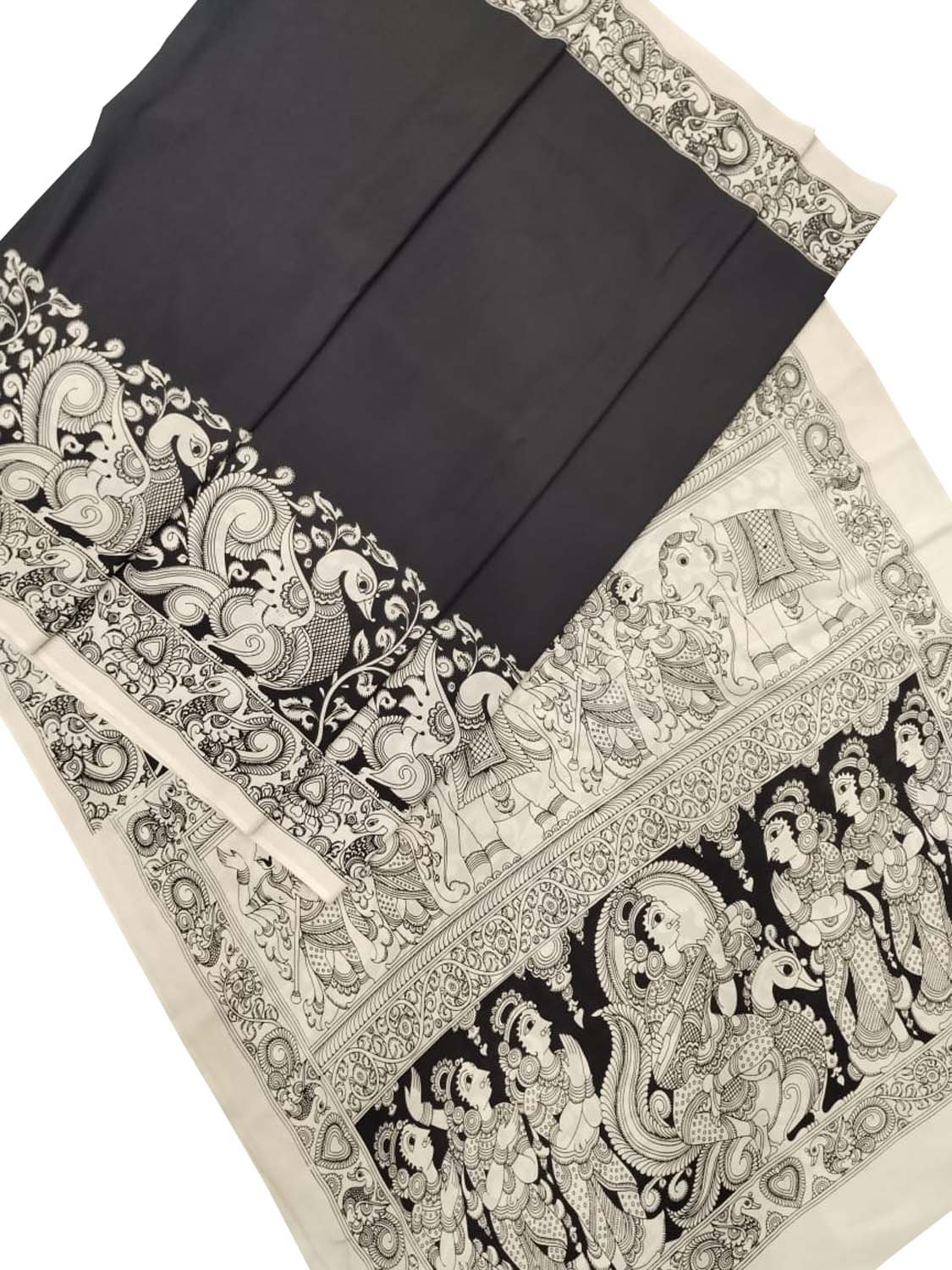 Black And White Kalamkari Hand Painted Bangalore Silk Saree - Luxurion World