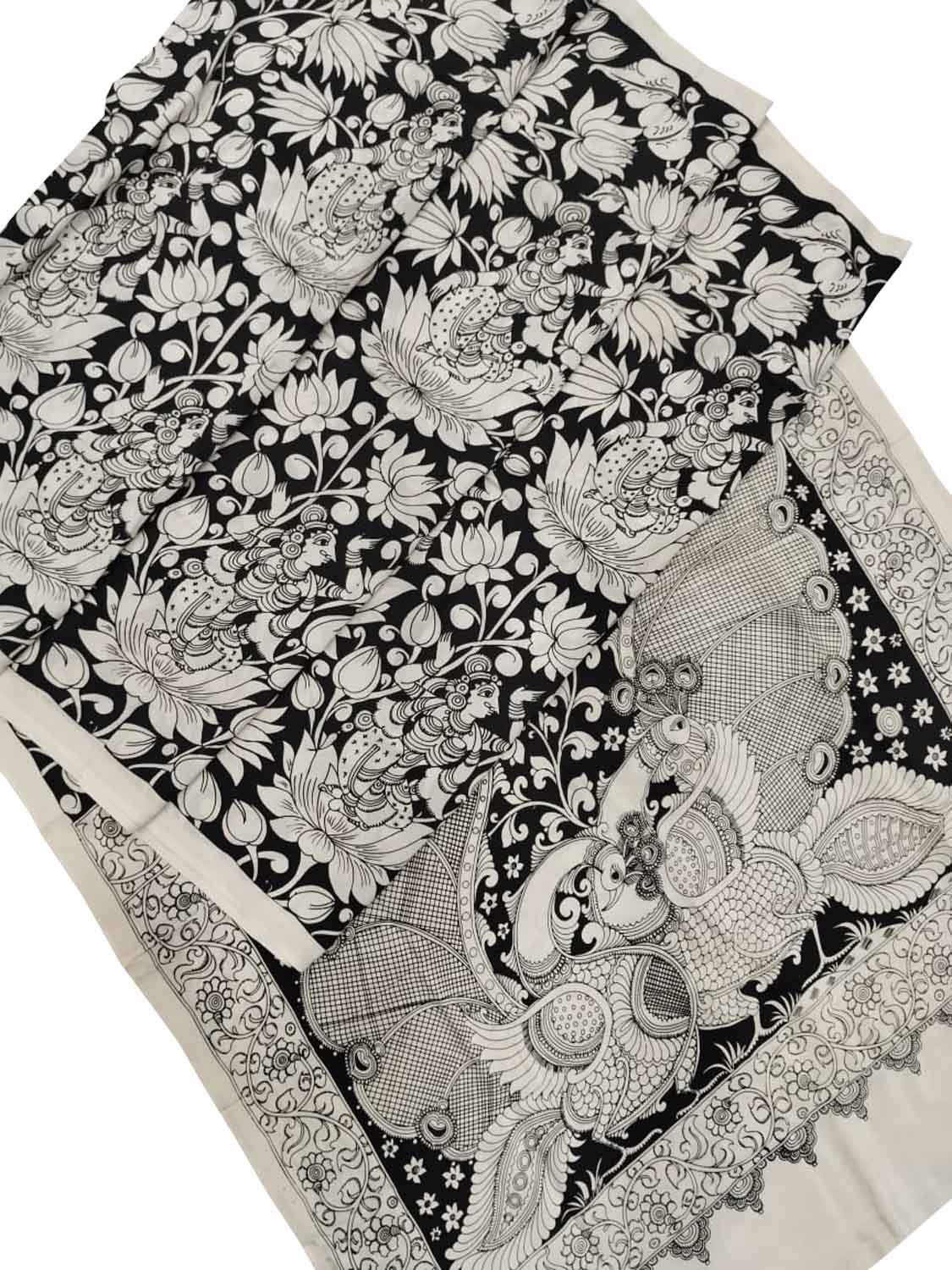 Black And White Kalamkari Hand Painted Bangalore Silk Saree - Luxurion World