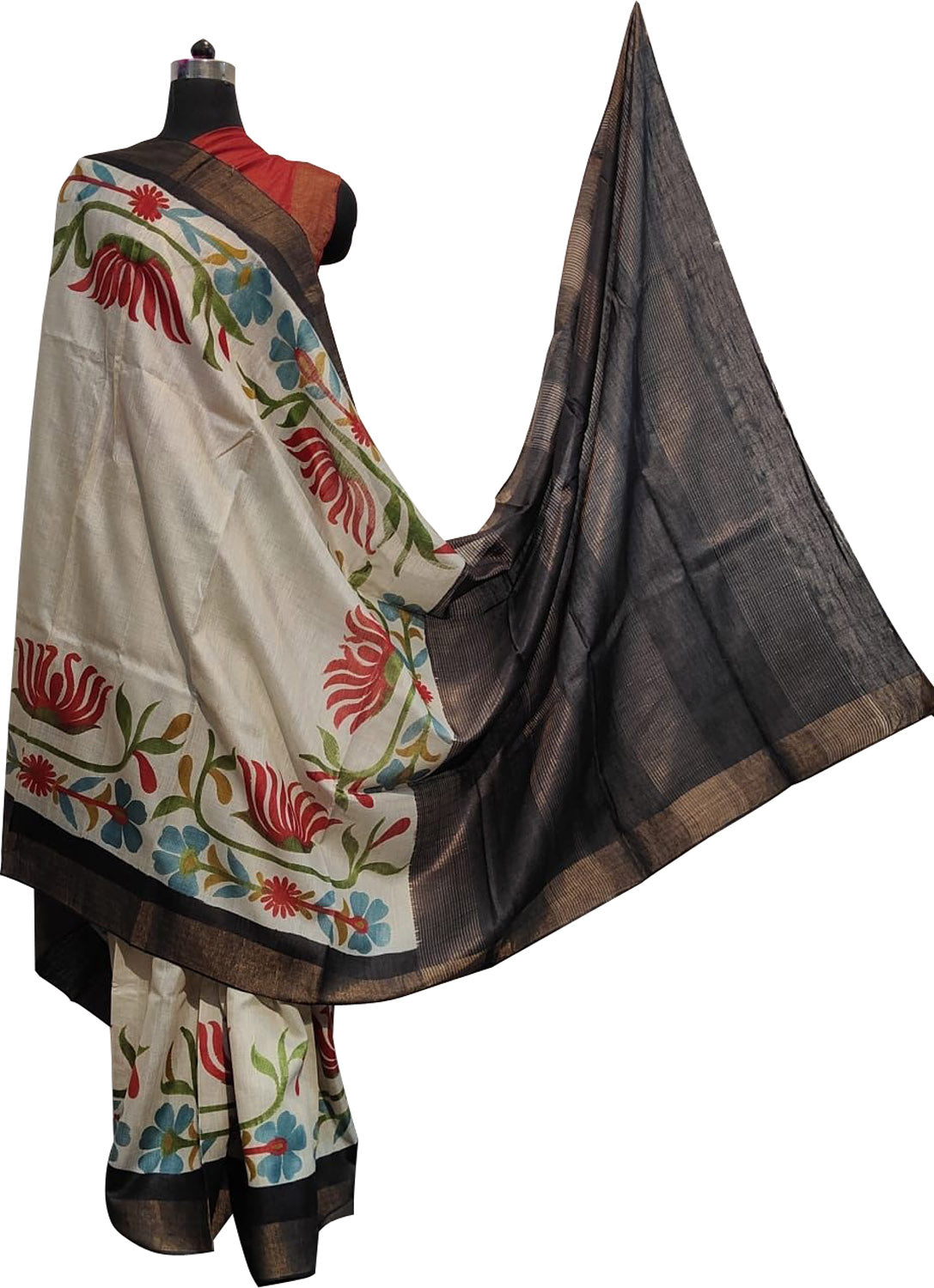 Off White Hand Painted Kalamkari Pure Desi Tussar Silk Saree - Luxurion World