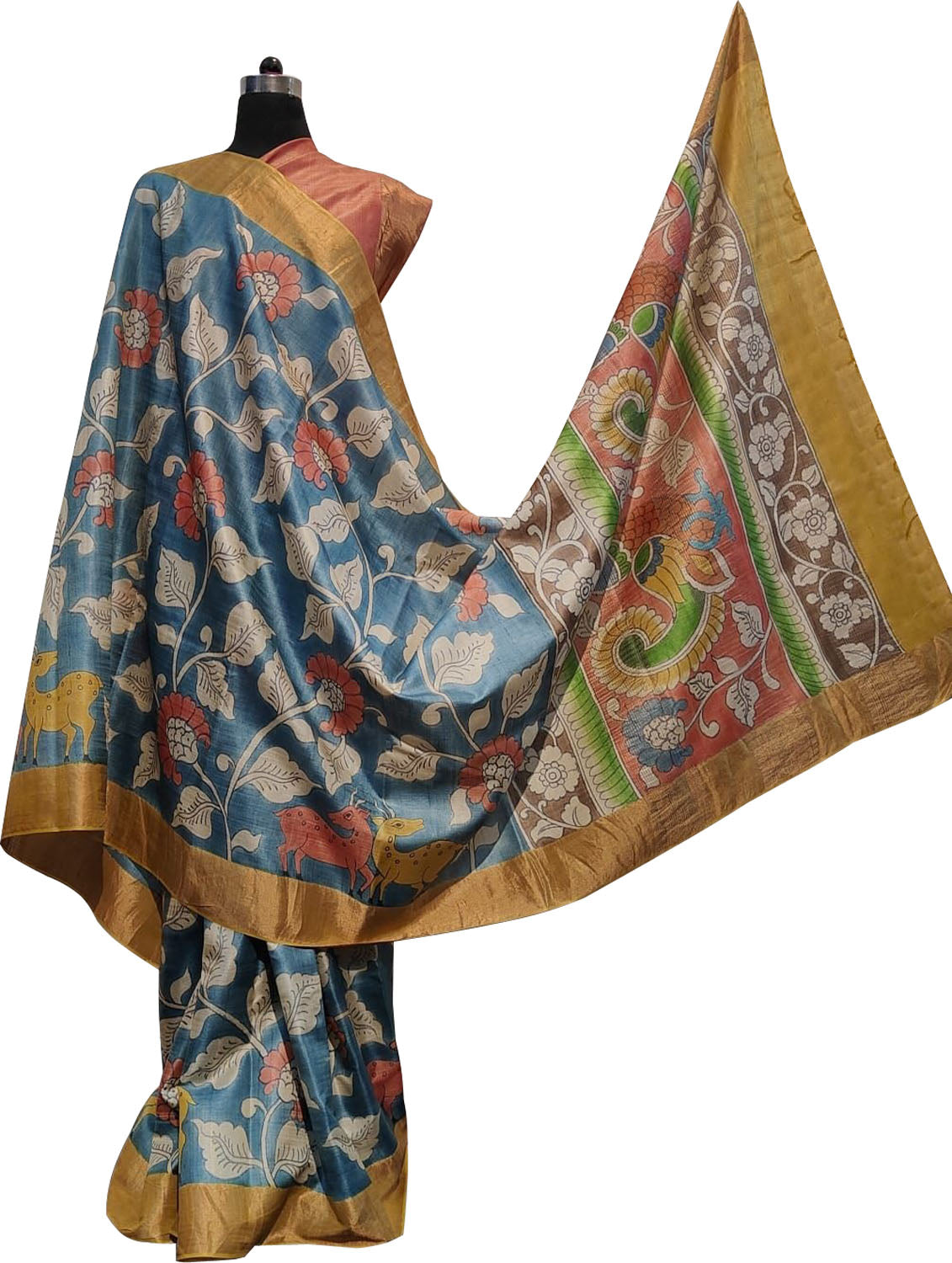 Hand Painted Exquisite Blue Kalamkari Tussar Silk Saree - Stunning Design - Luxurion World