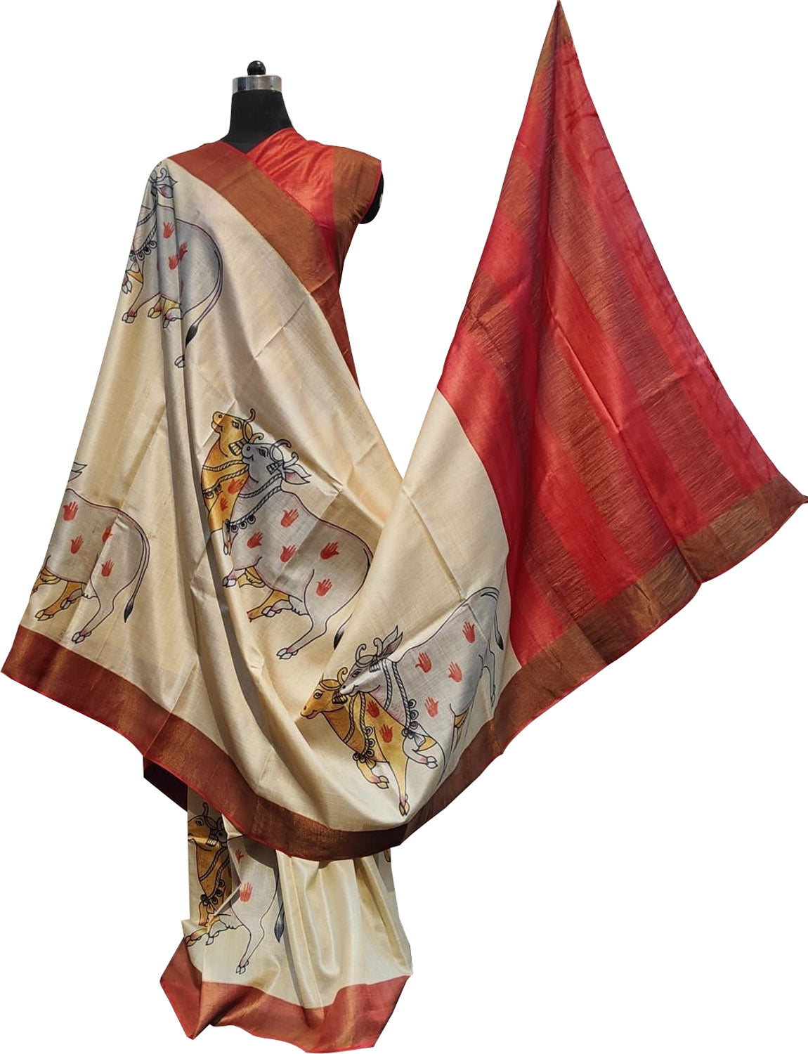 Hand Painted Off White Kalamkari Tussar Silk Saree - Exquisite Beauty - Luxurion World