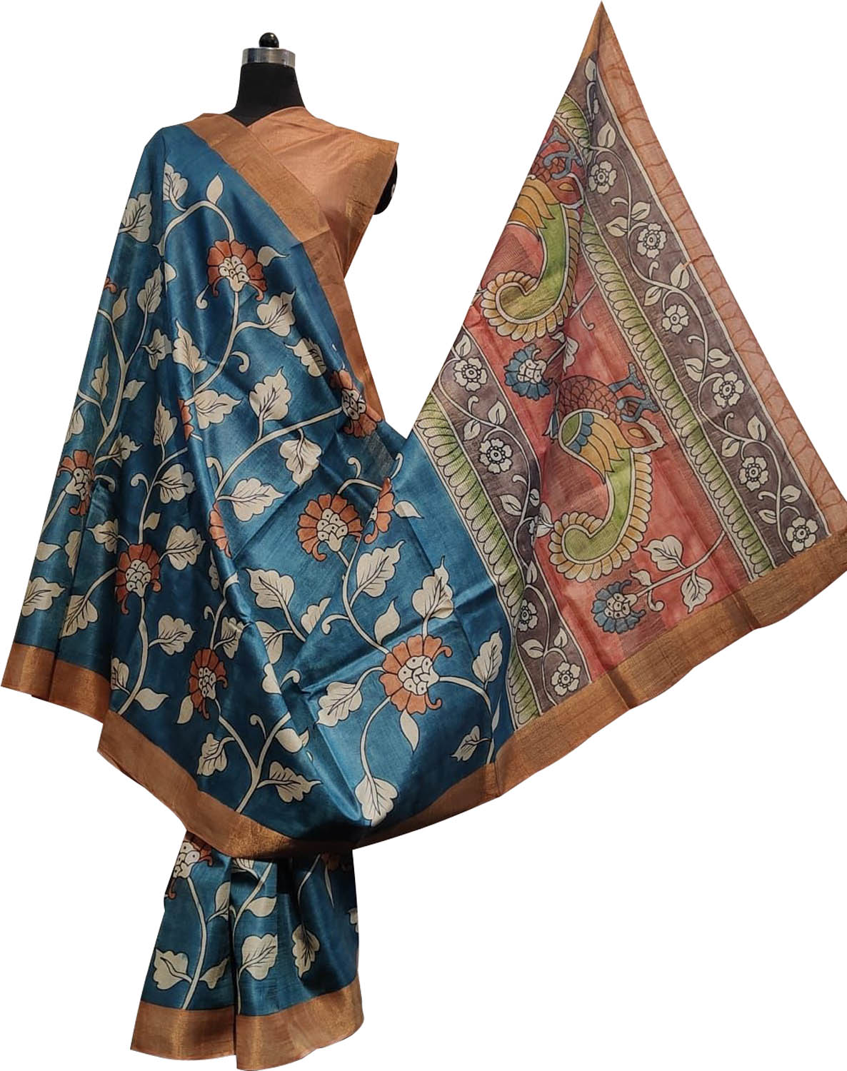 Hand Painted Exquisite Blue Kalamkari Tussar Silk Saree - Stunning Design - Luxurion World