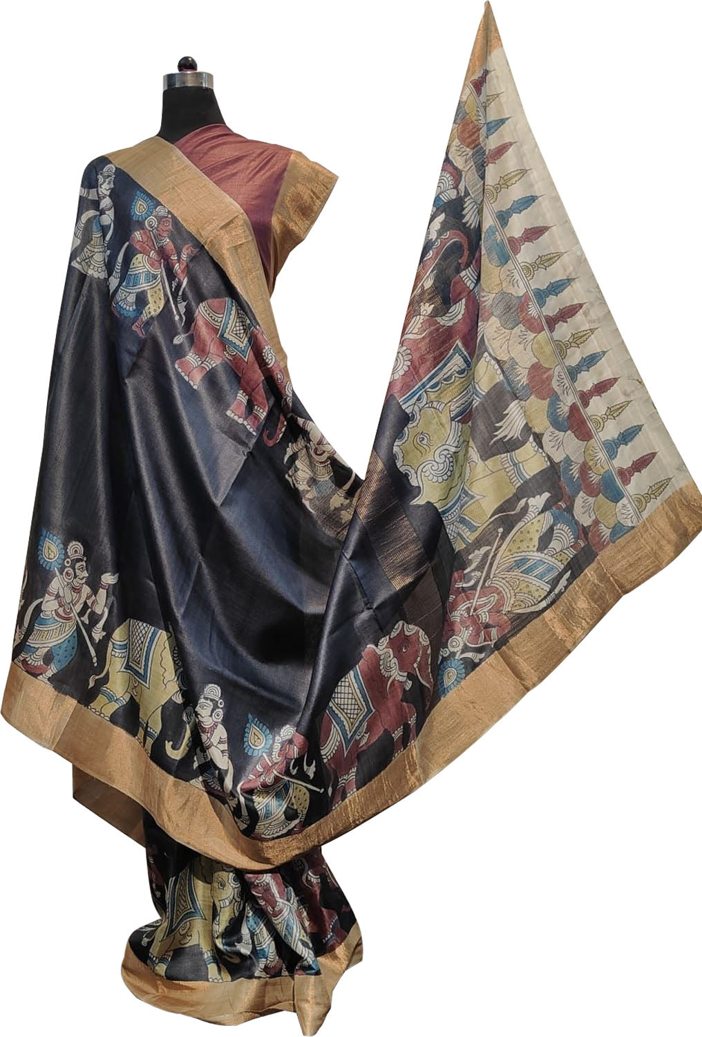 Hand Painted Exquisite Black Kalamkari Tussar Silk Saree - Stunning Design - Luxurion World
