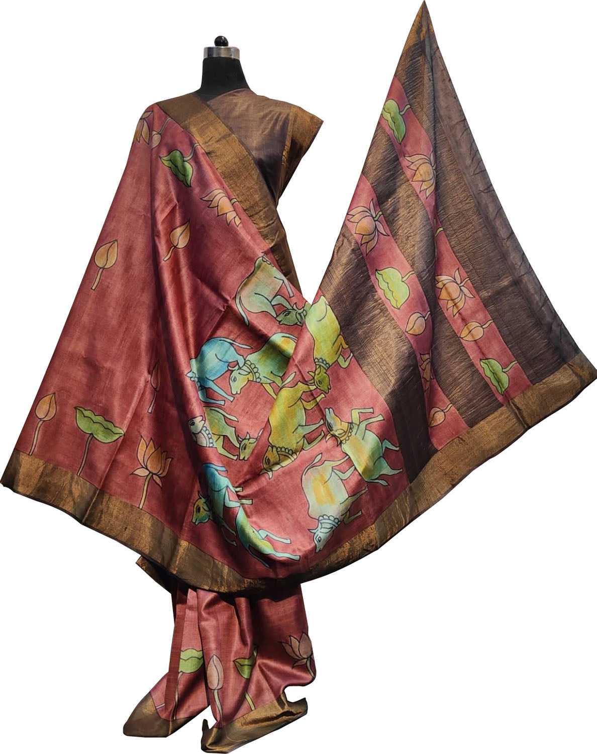 Hand-Painted Red Kalamkari Tussar Silk Saree: Exquisite Beauty - Luxurion World