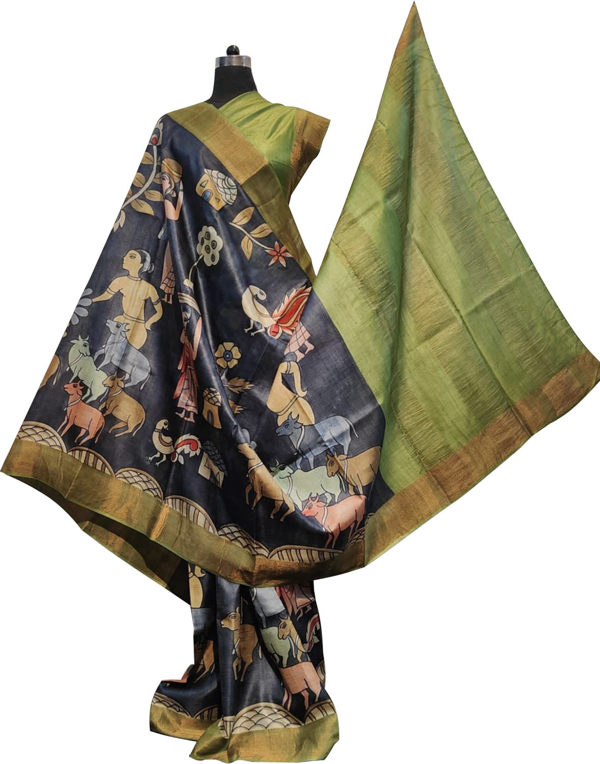 Exquisite Black Kalamkari Tussar Silk Saree - Hand Painted Beauty - Luxurion World