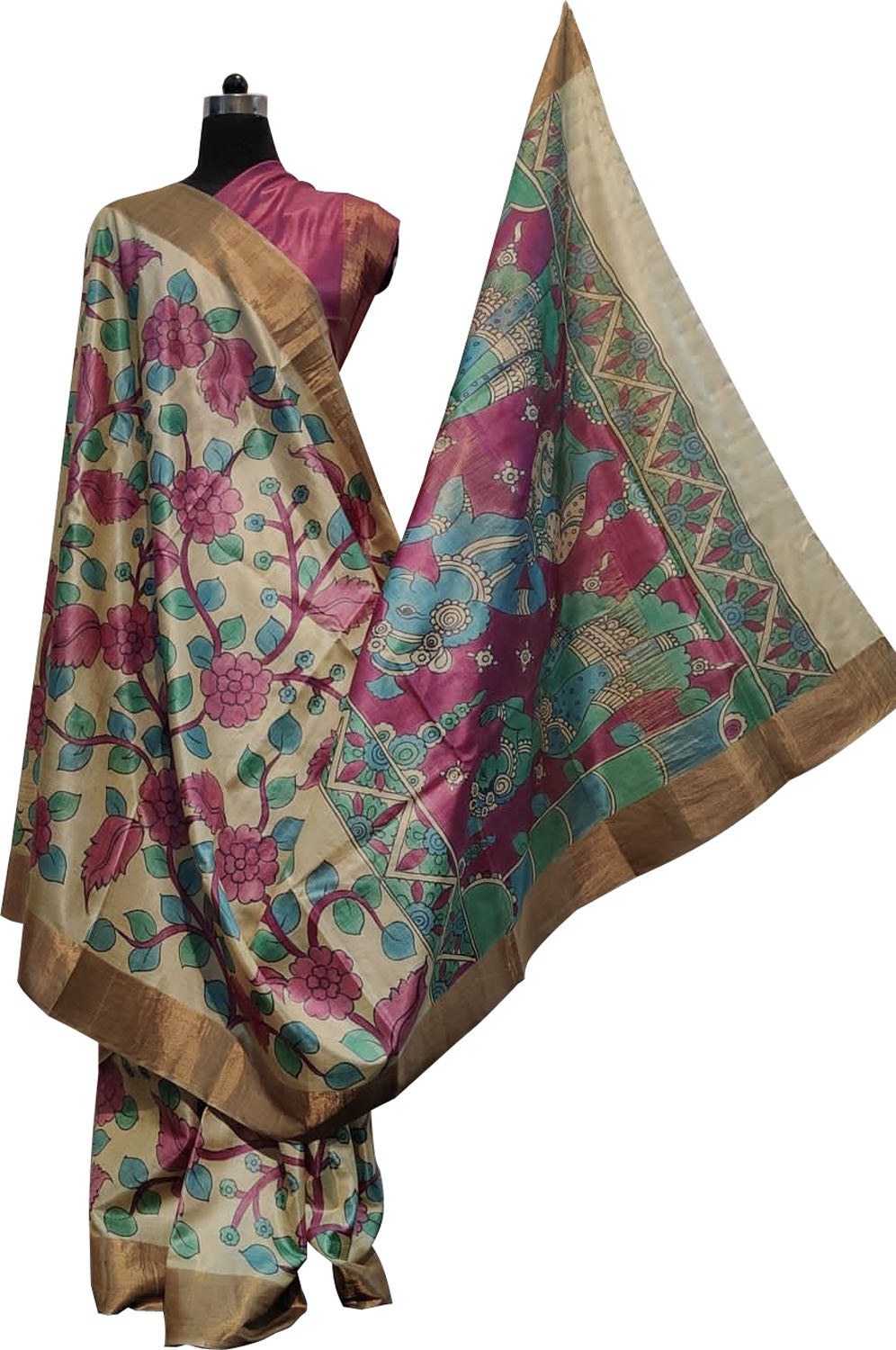 Exquisite Pastel Kalamkari Tussar Silk Saree - Hand Painted Beauty - Luxurion World