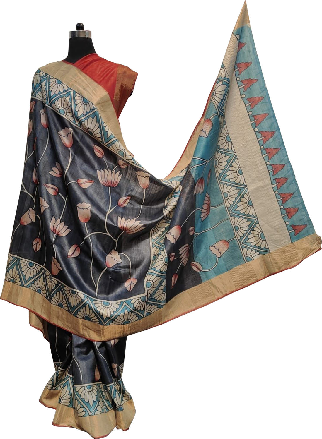 Exquisite Black Kalamkari Tussar Silk Saree - Hand Painted Beauty - Luxurion World