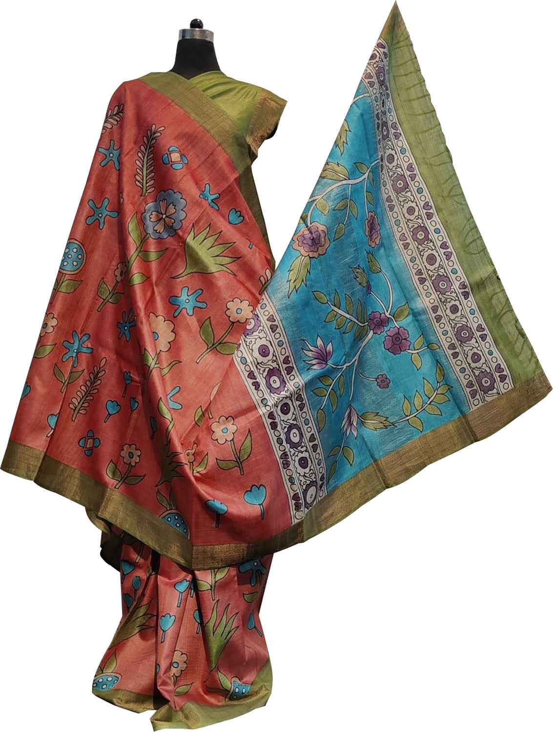 Exquisite Red Kalamkari Tussar Silk Saree - Hand Painted Beauty - Luxurion World