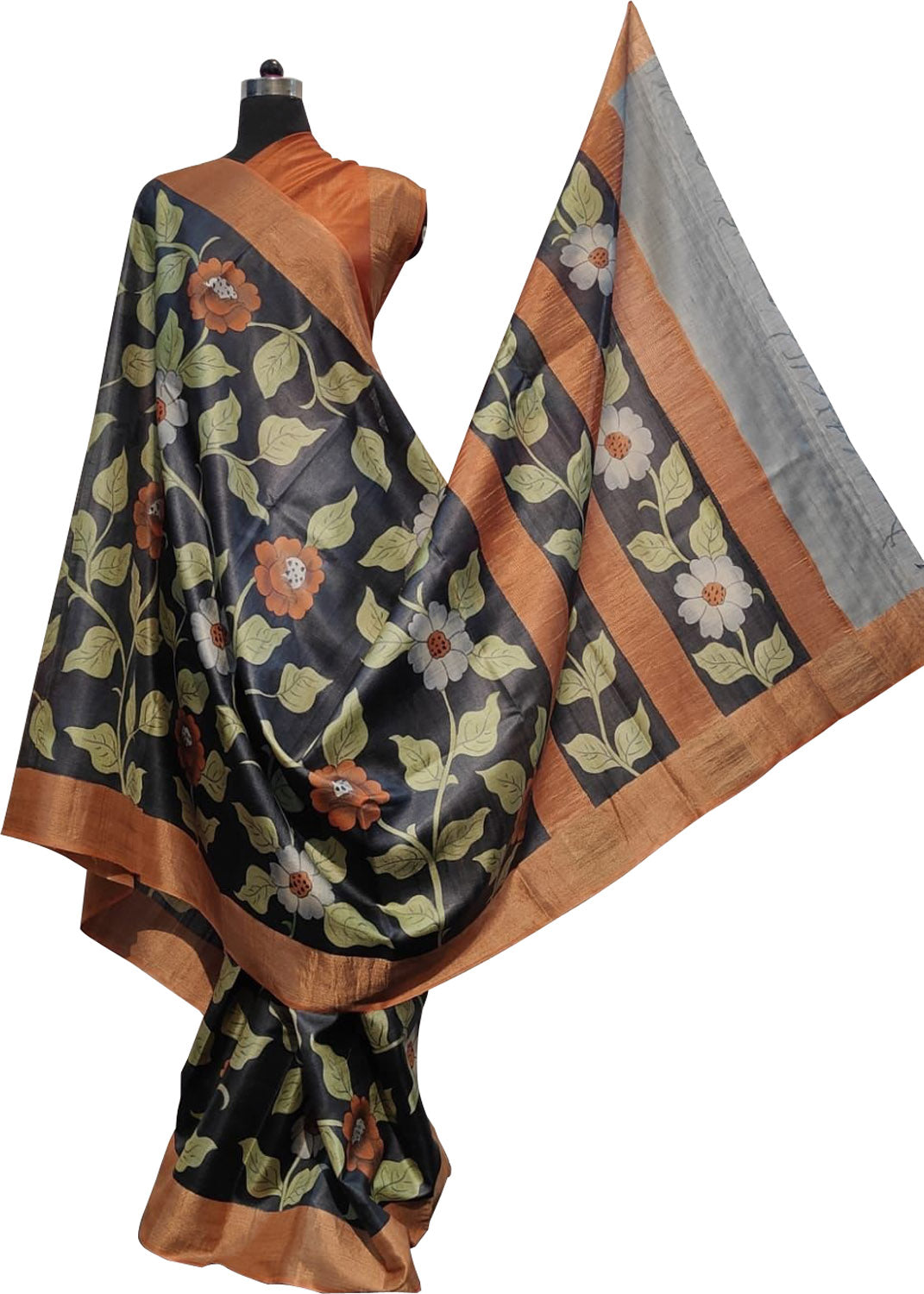 Exquisite Black Kalamkari Tussar Silk Saree - Hand Painted Beauty - Luxurion World