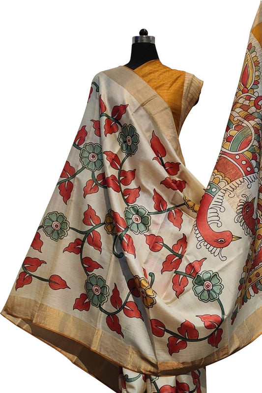 Hand Painted Kalamkari Tussar Silk Saree in Off White - Exquisite Ethnic Wear - Luxurion World