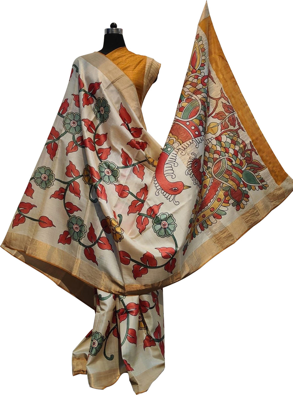 Hand Painted Kalamkari Tussar Silk Saree in Off White - Exquisite Ethnic Wear - Luxurion World