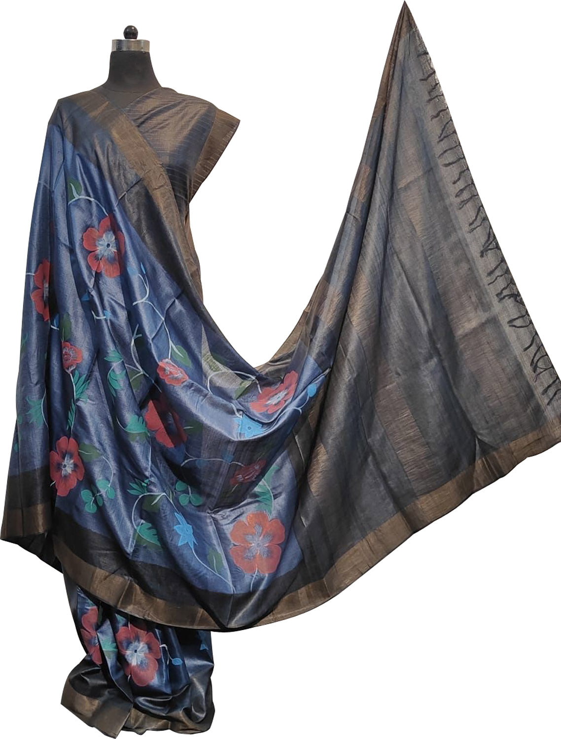 Stunning Blue Kalamkari Tussar Silk Saree - Hand Painted Beauty - Luxurion World