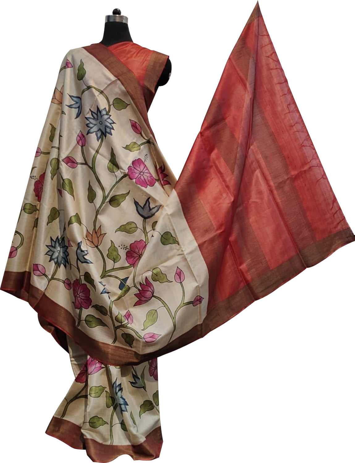 Exquisite Off White Kalamkari Tussar Silk Saree - Hand Painted Elegance - Luxurion World