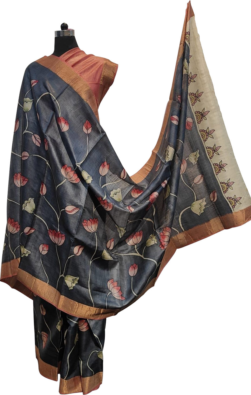 Exquisite Black Kalamkari Tussar Silk Saree - Hand Painted Beauty - Luxurion World