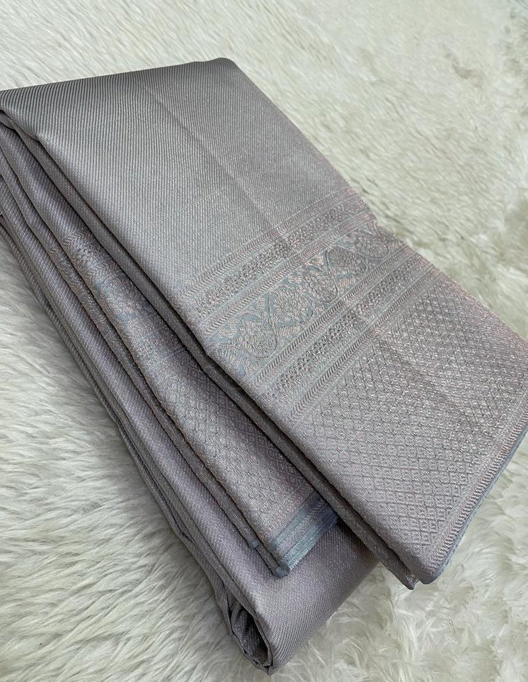 Grey Handloom Kanjeevaram Pure Silk Saree - Luxurion World