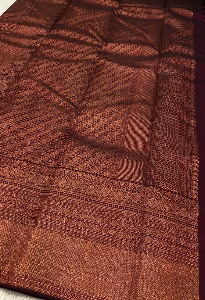 Brown Handloom Kanjeevaram Pure Silk Saree - Luxurion World