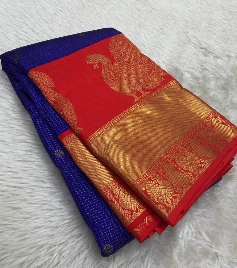 Blue Handloom Kanjeevaram Pure Silk Saree - Luxurion World