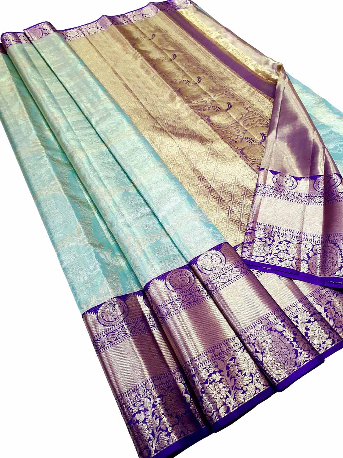 Blue Kanjeevaram Handloom Pure Tissue Silk Saree - Luxurion World
