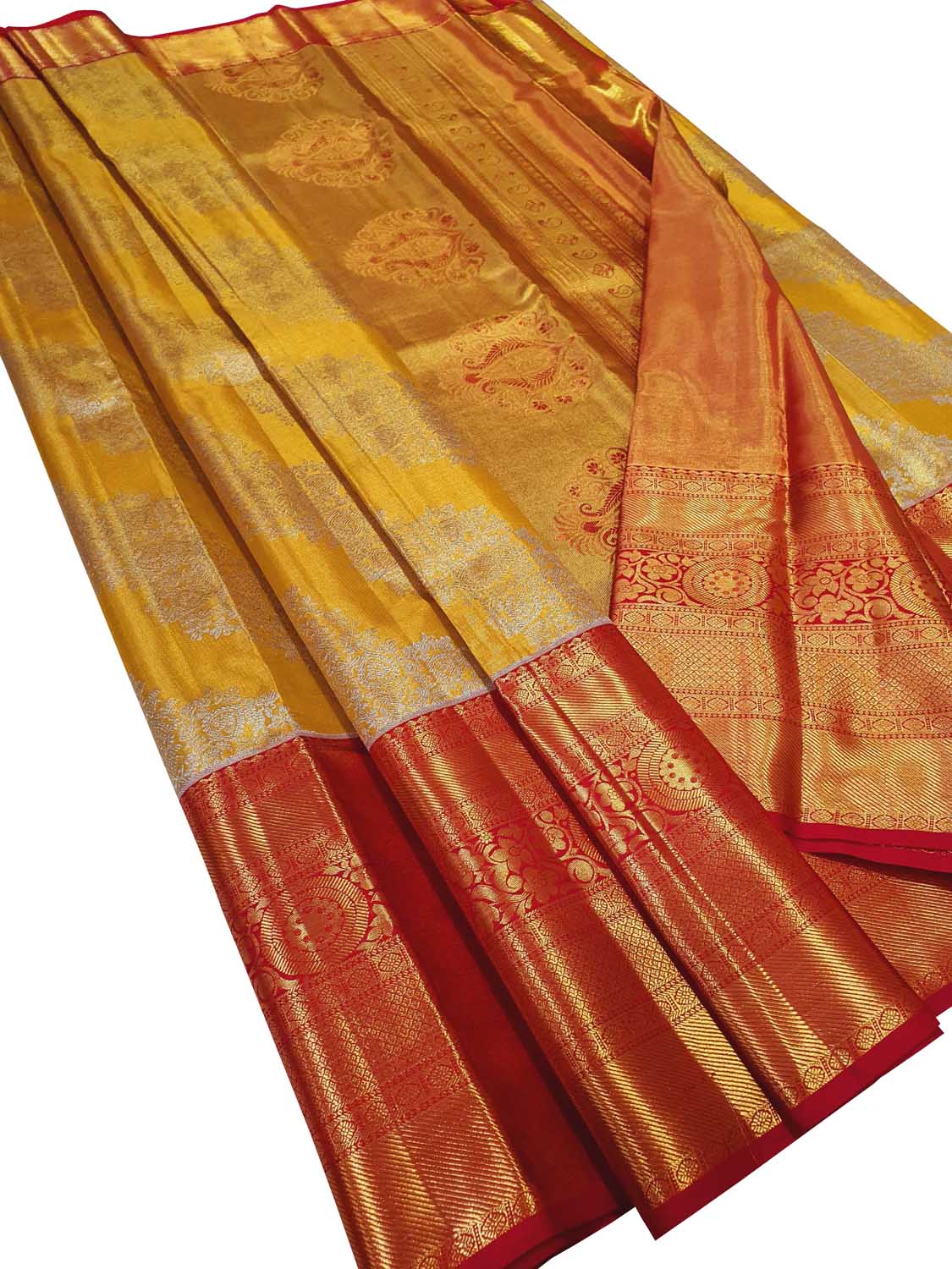 Golden Kanjeevaram Handloom Pure Tissue Silk Saree - Luxurion World