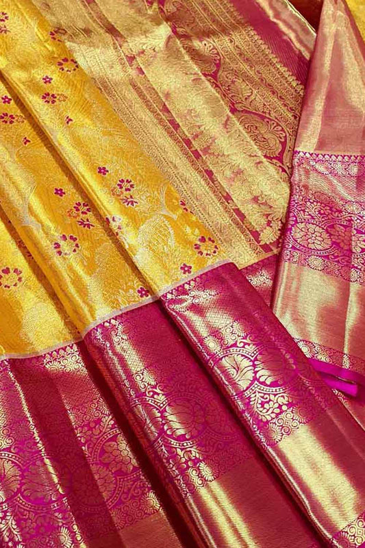 Timeless Elegance: Exquisite Yellow Kanjeevaram Handloom Pure Tissue Silk Saree