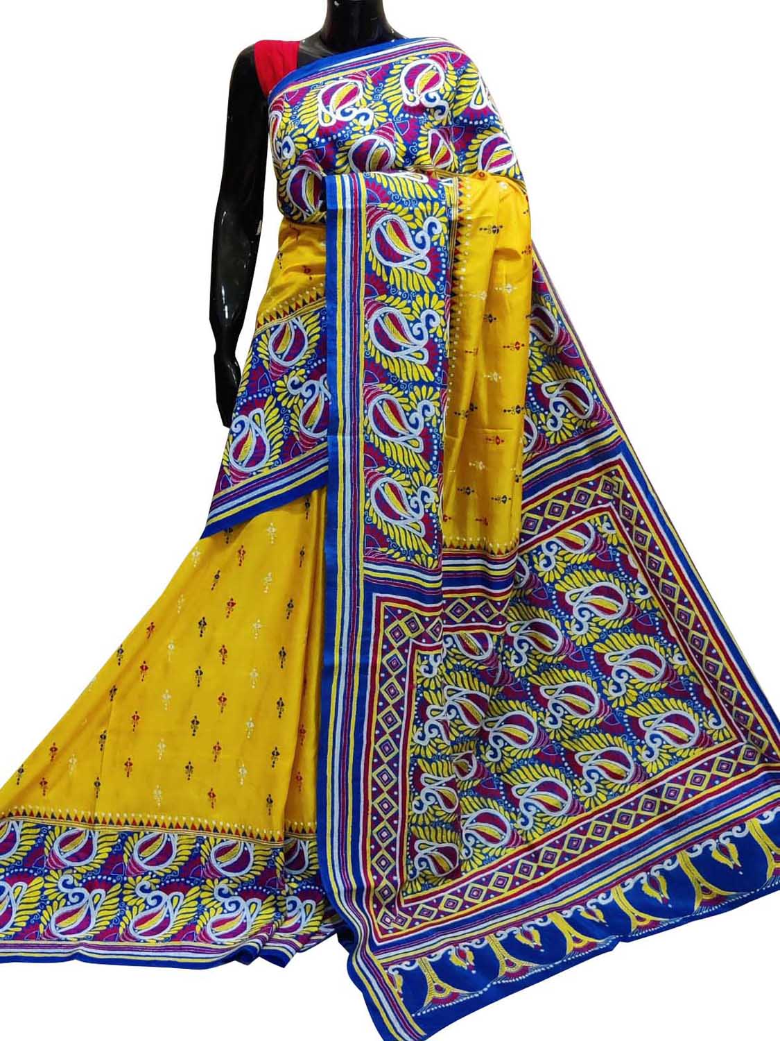 Stunning Yellow Kantha Embroidered Bangalore Silk Saree - Luxurion World