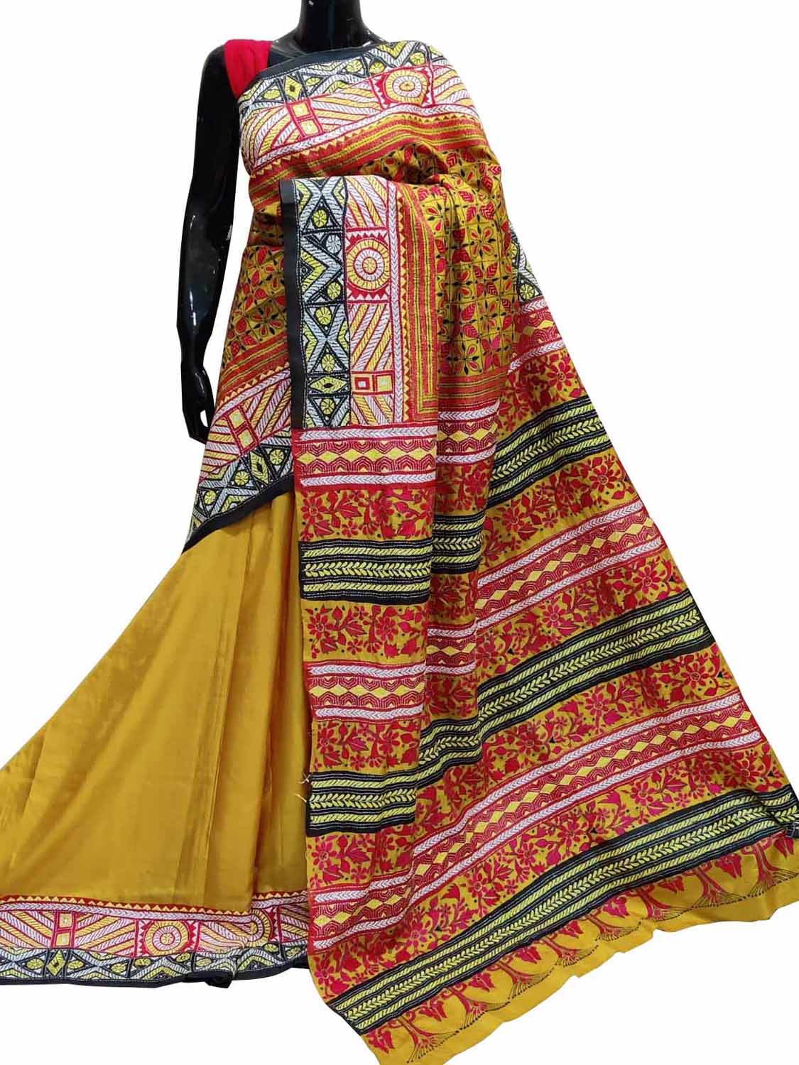 Stunning Yellow Kantha Embroidered Bangalore Silk Saree - Luxurion World