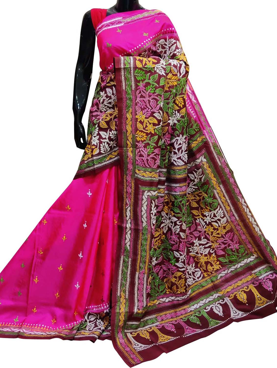 Stunning Pink Kantha Embroidered Bangalore Silk Saree - Hand Painted Beauty - Luxurion World