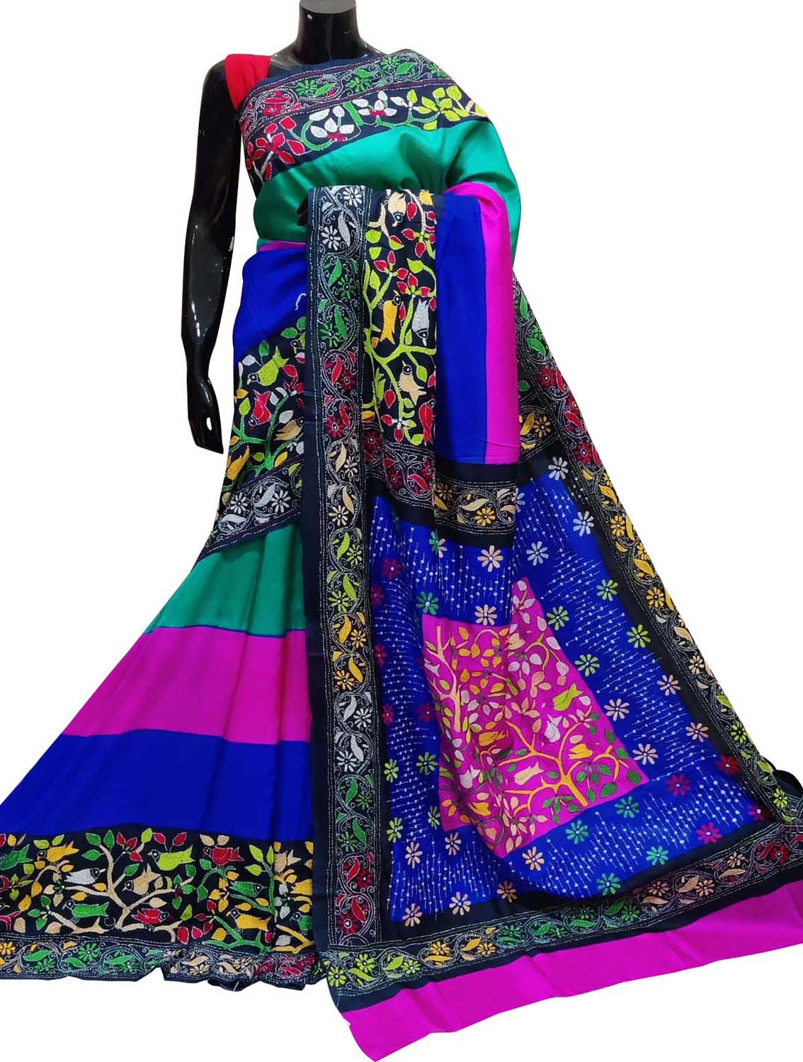 Stunning Multicolor Kantha Embroidered Bangalore Silk Saree - Luxurion World