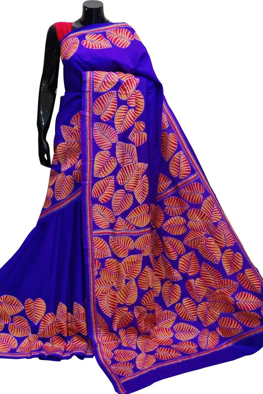 Exquisite Blue Kantha Embroidered Bangalore Silk Saree - Luxurion World