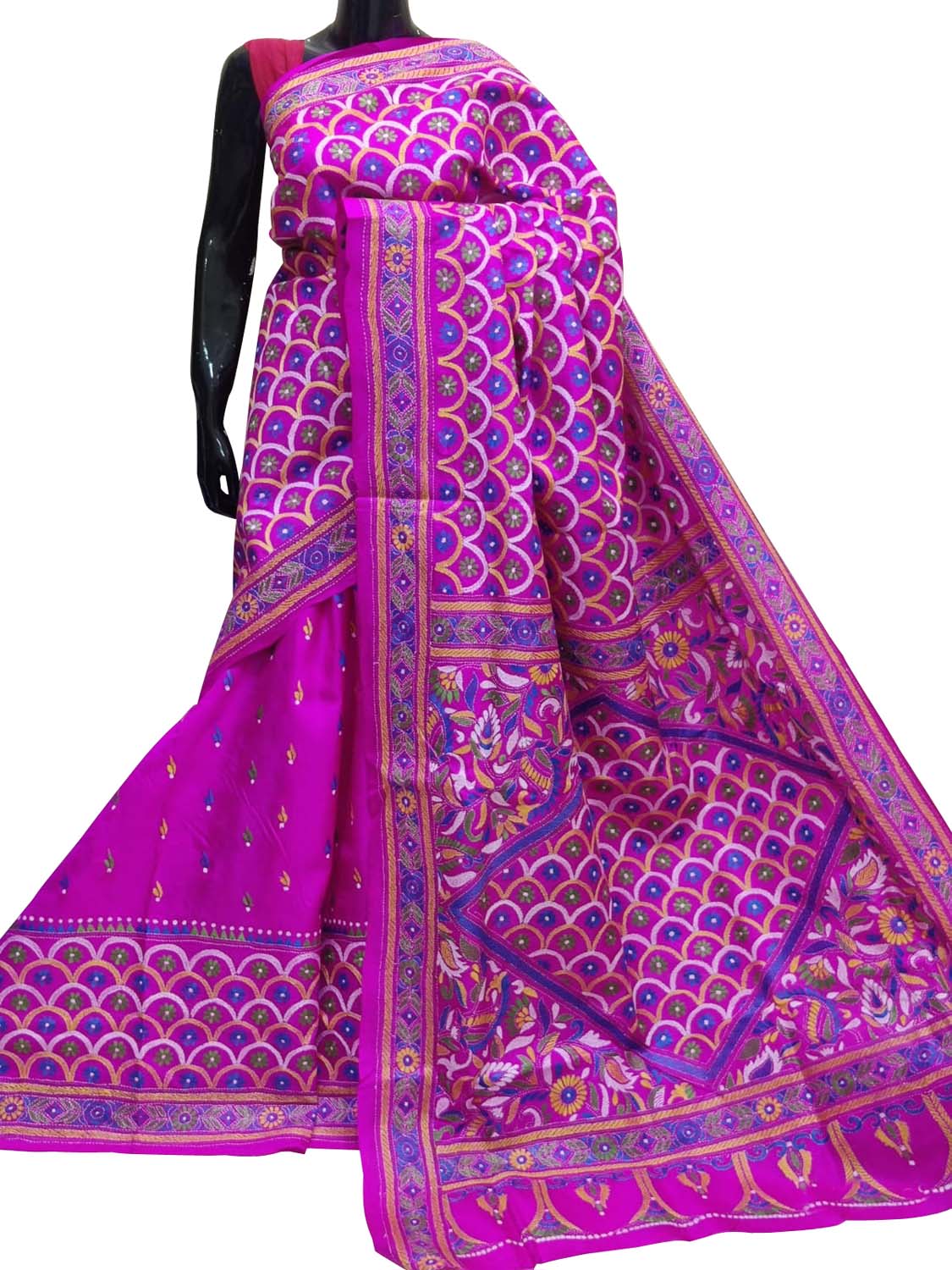 Pink Kantha Hand Embroidered Pure Bangalore Silk Saree - Luxurion World