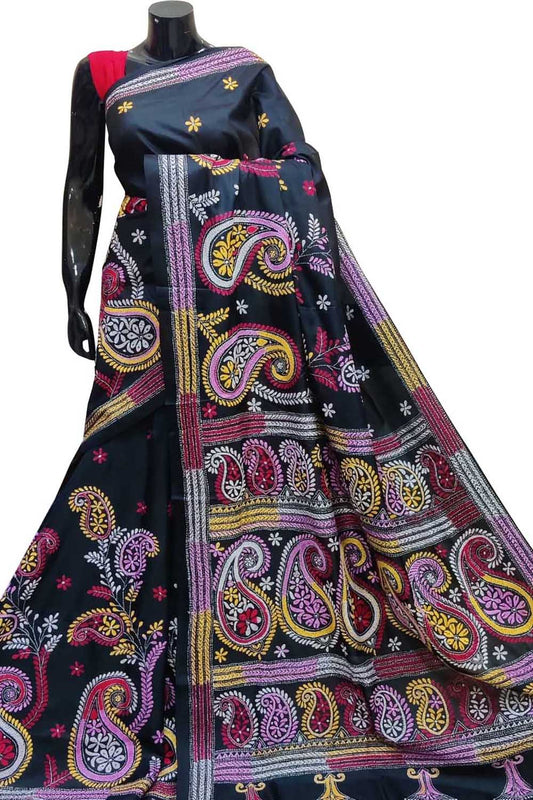 Black Kantha Hand Embroidered Pure Bangalore Silk Saree