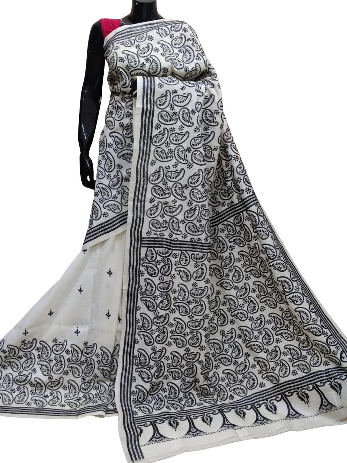 Off White Kantha Hand Embroidered Pure Tussar Silk Saree - Luxurion World