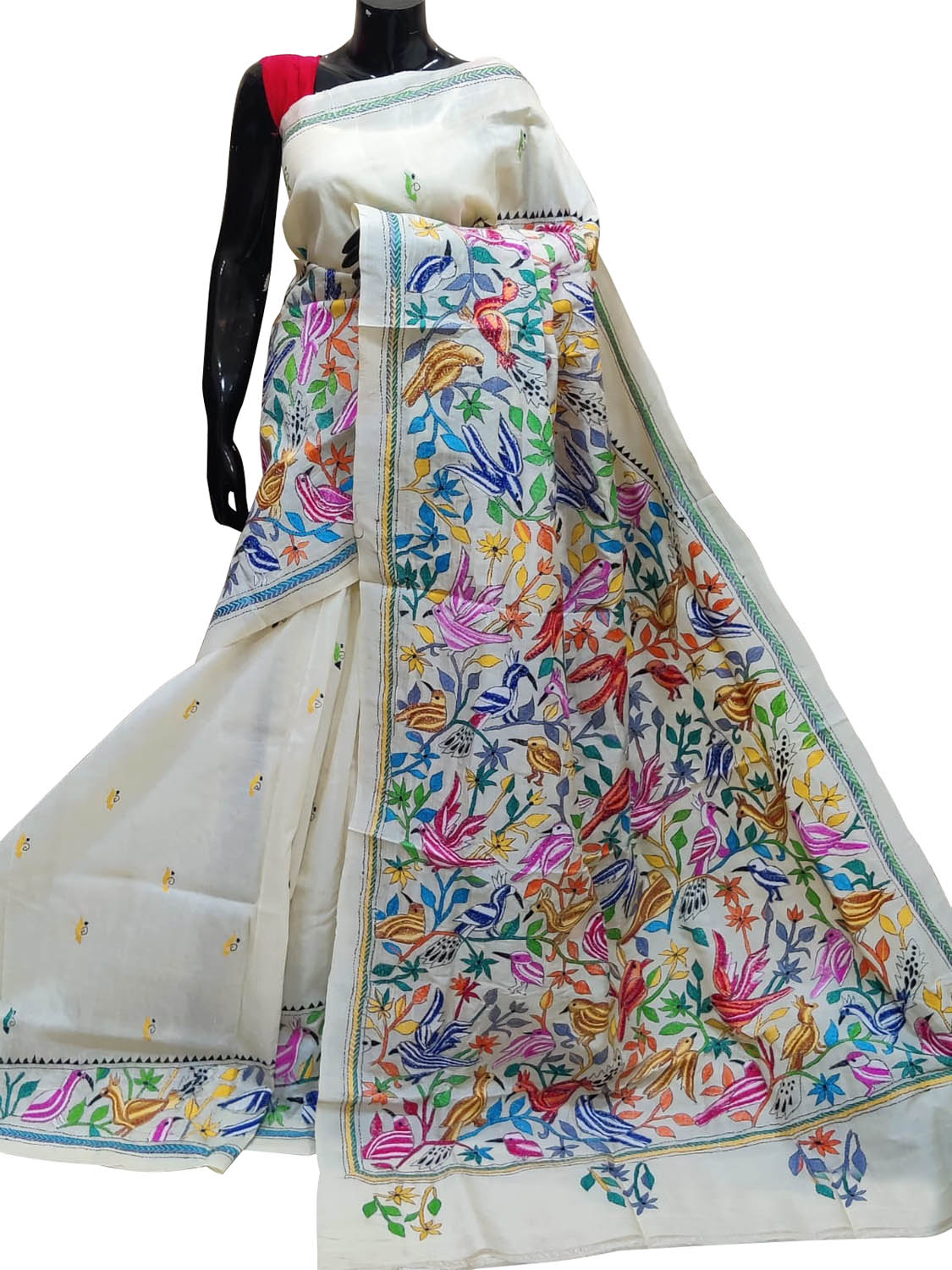 Off White Kantha Hand Embroidered Pure Tussar Silk Saree - Luxurion World