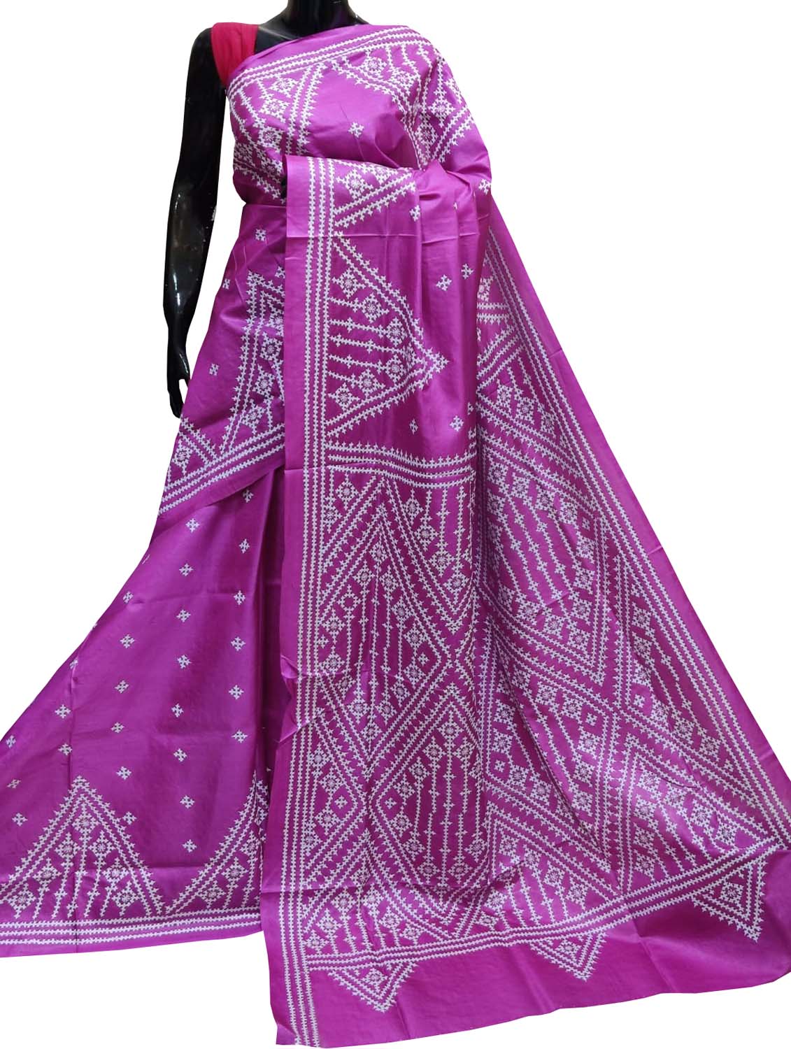 Pink Gujarati Kantha Hand Embroidered Pure Bangalore Silk Saree - Luxurion World