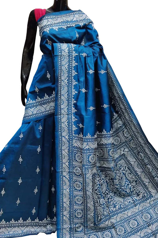 Blue Hand Embroidered Kantha Work Pure Bangalore Silk Saree - Luxurion World