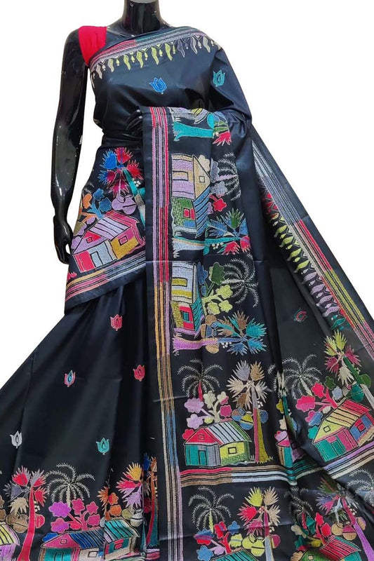 Exquisite Black Hand Embroidered Kantha Work Bangalore Silk Saree